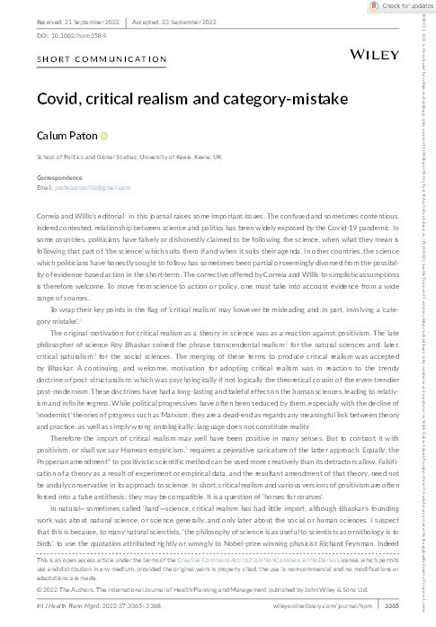 Covid, critical realism and category‐mistake Thumbnail