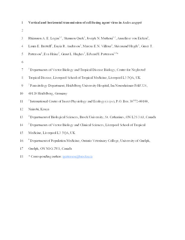 Vertical and Horizontal Transmission of Cell Fusing Agent Virus in Aedes aegypti Thumbnail