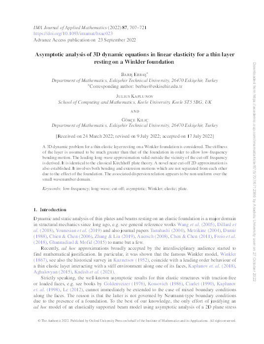 Asymptotic analysis of 3D dynamic equations in linear elasticity for a thin layer resting on a Winkler foundation Thumbnail