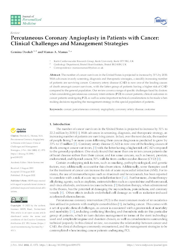 Percutaneous Coronary Angioplasty in Patients with Cancer: Clinical Challenges and Management Strategies Thumbnail