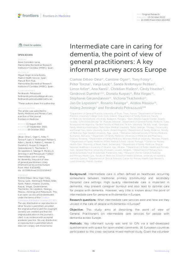Intermediate care in caring for dementia, the point of view of general practitioners: A key informant survey across Europe. Thumbnail
