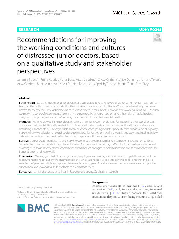 Recommendations for improving the working conditions and cultures of distressed junior doctors, based on a qualitative study and stakeholder perspectives. Thumbnail