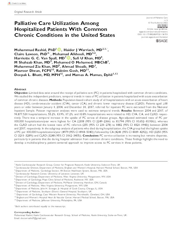 Palliative Care Utilization Among Hospitalized Patients With Common Chronic Conditions in the United States. Thumbnail