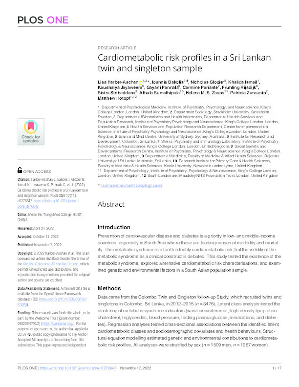 Cardiometabolic risk profiles in a Sri Lankan twin and singleton sample. Thumbnail
