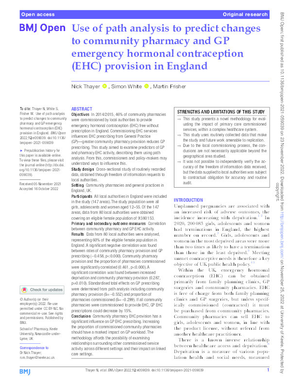 Use of path analysis to predict changes to community pharmacy and GP emergency hormonal contraception (EHC) provision in England Thumbnail