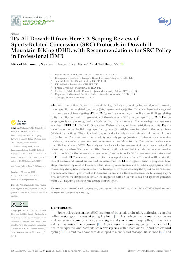 'It's All Downhill from Here': A Scoping Review of Sports-Related Concussion (SRC) Protocols in Downhill Mountain Biking (DHI), with Recommendations for SRC Policy in Professional DMB. Thumbnail