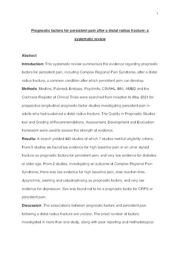 Prognostic factors for persistent pain after a distal radius fracture: A systematic review Thumbnail