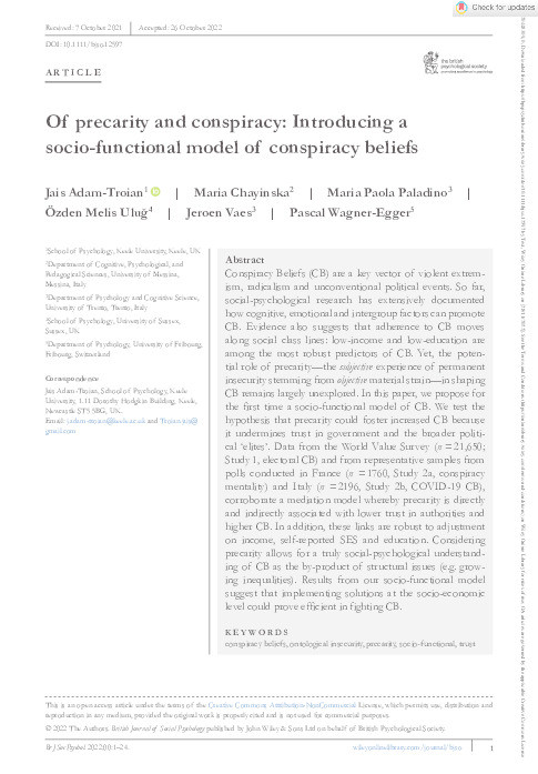 Of precarity and conspiracy: Introducing a socio-functional model of conspiracy beliefs. Thumbnail