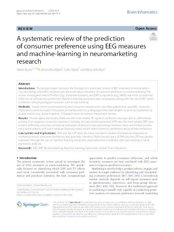 A systematic review of the prediction of consumer preference using EEG measures and machine-learning in neuromarketing research. Thumbnail