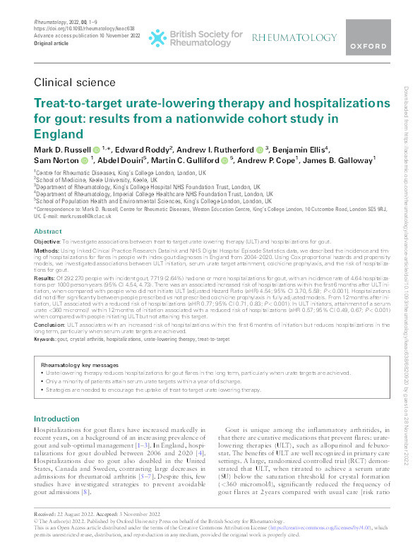 Treat-to-target urate-lowering therapy and hospitalisations for gout: results from a nationwide cohort study in England. Thumbnail