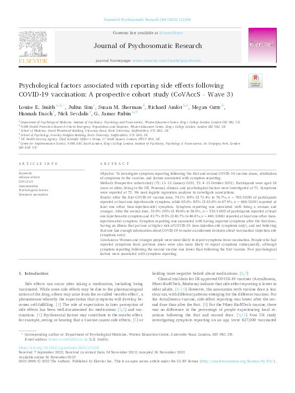 Psychological factors associated with reporting side effects following COVID-19 vaccination: a prospective cohort study (CoVAccS – wave 3) Thumbnail