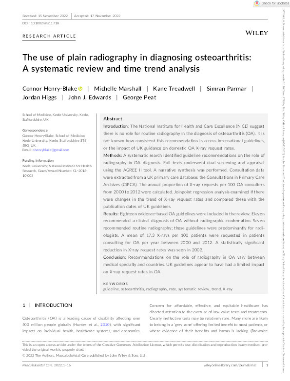 The use of plain radiography in diagnosing osteoarthritis: A systematic review and time trend analysis Thumbnail