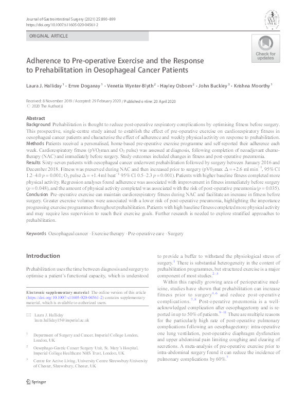 Adherence to Pre-operative Exercise and the Response to Prehabilitation in Oesophageal Cancer Patients Thumbnail