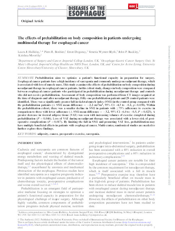 The effects of prehabilitation on body composition in patients undergoing multimodal therapy for esophageal cancer. Thumbnail