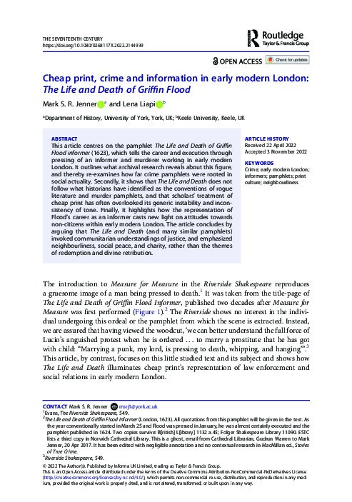 Cheap Print, Crime and Information in Early Modern London: The Life and Death of Griffin Flood Thumbnail