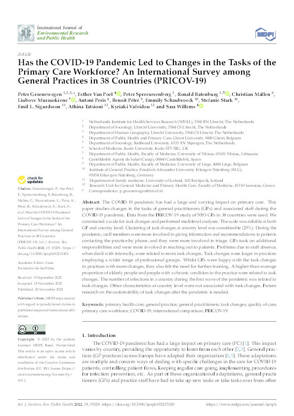 Has the COVID-19 Pandemic Led to Changes in the Tasks of the Primary Care Workforce? An International Survey among General Practices in 38 Countries (PRICOV-19). Thumbnail