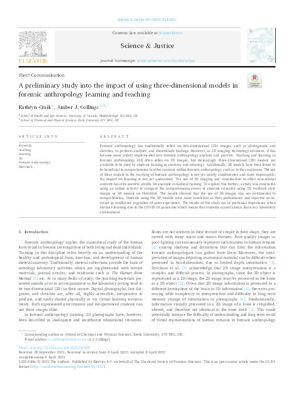 A preliminary study into the impact of using three-dimensional models in forensic anthropology learning and teaching. Thumbnail
