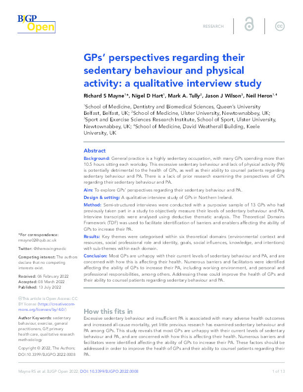 GPs' perspectives regarding their sedentary behaviour and physical activity: a qualitative interview study. Thumbnail
