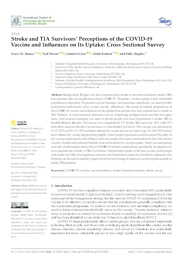 Stroke and TIA Survivors' Perceptions of the COVID-19 Vaccine and Influences on Its Uptake: Cross Sectional Survey. Thumbnail