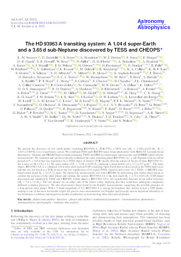 The HD 93963 A transiting system: A 1.04d super-Earth and a 3.65 d sub-Neptune discovered by TESS and CHEOPS Thumbnail