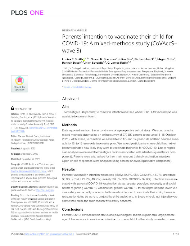 Parents’ intention to vaccinate their child for COVID-19: a mixed-methods study (CoVAccS – wave 3) Thumbnail