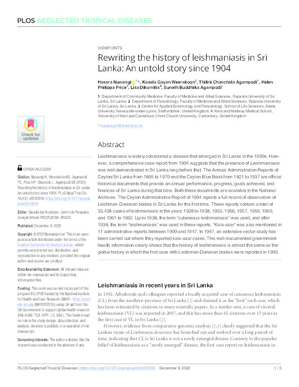 Rewriting the history of leishmaniasis in Sri Lanka: An untold story since 1904. Thumbnail