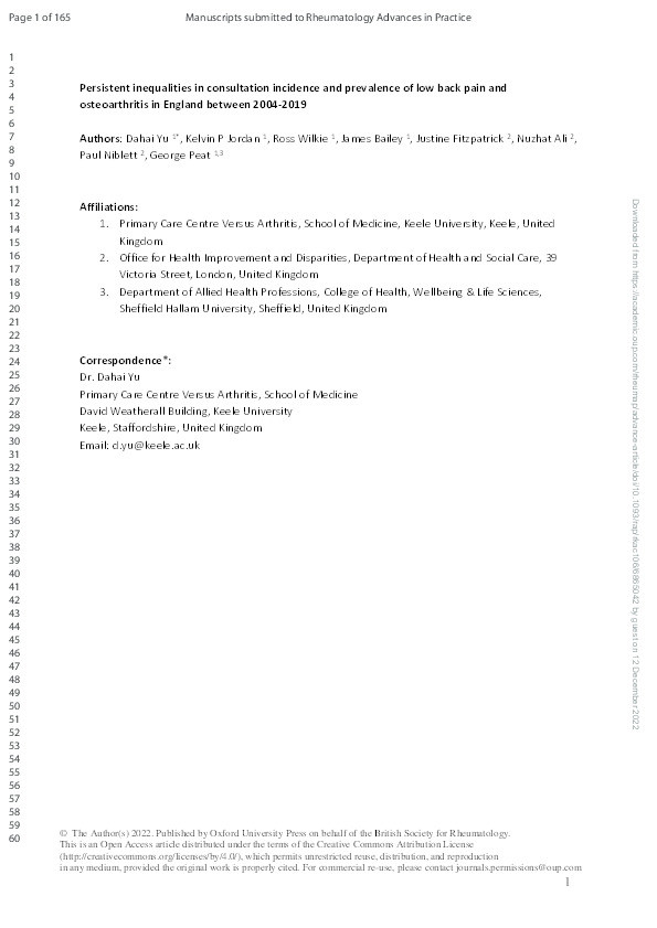 Persistent inequalities in consultation incidence and prevalence of low back pain and osteoarthritis in England between 2004-2019 Thumbnail
