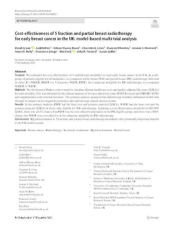 Cost-effectiveness of 5 fraction and partial breast radiotherapy for early breast cancer in the UK: model-based multi-trial analysis. Thumbnail