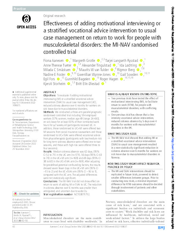 Effectiveness of adding motivational interviewing or a stratified vocational advice intervention to usual case management on return to work for people with musculoskeletal disorders: the MI-NAV randomised controlled trial. Thumbnail