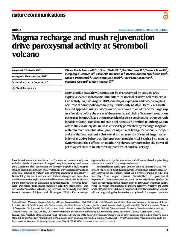 Magma recharge and mush rejuvenation drive paroxysmal activity at Stromboli volcano Thumbnail