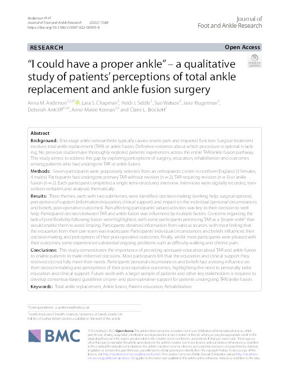 "I could have a proper ankle" - a qualitative study of patients' perceptions of total ankle replacement and ankle fusion surgery. Thumbnail