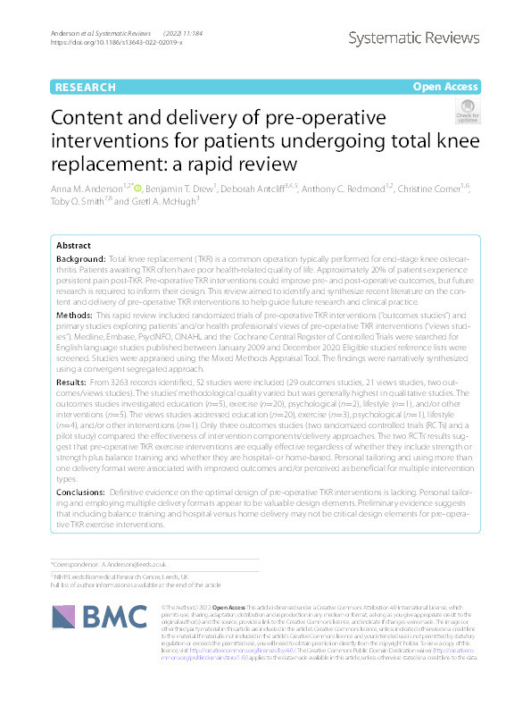 Content and delivery of pre-operative interventions for patients undergoing total knee replacement: a rapid review. Thumbnail