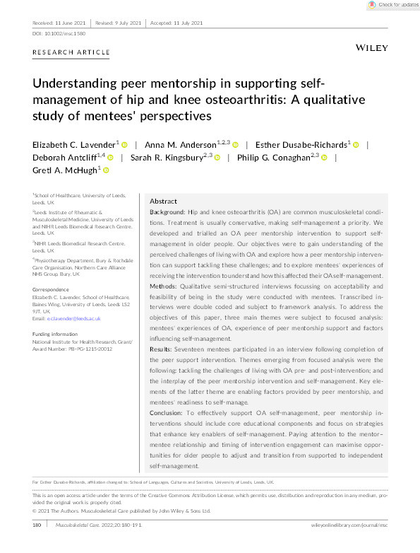 Understanding peer mentorship in supporting self‐management of hip and knee osteoarthritis: A qualitative study of mentees' perspectives Thumbnail