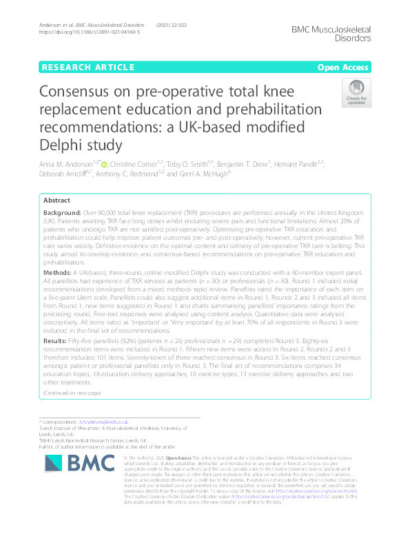 Consensus on pre-operative total knee replacement education and prehabilitation recommendations: a UK-based modified Delphi study Thumbnail
