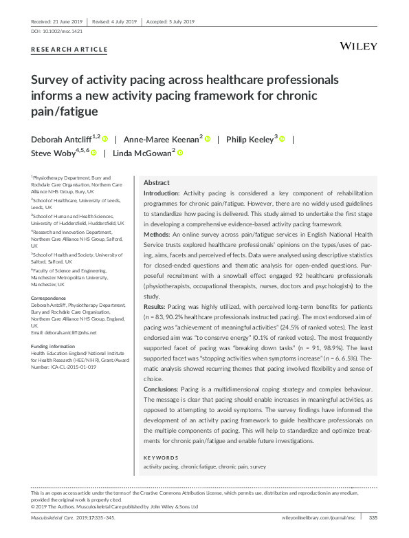 Survey of activity pacing across healthcare professionals informs a new activity pacing framework for chronic pain/fatigue Thumbnail