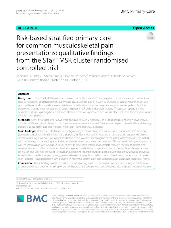 Risk-based stratified primary care for common musculoskeletal pain presentations: qualitative findings from the STarT MSK cluster randomised controlled trial. Thumbnail