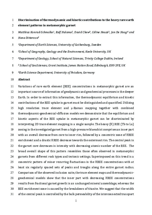 Discrimination of thermodynamic and kinetic contributions to the heavy rare earth element patterns in metamorphic garnet Thumbnail