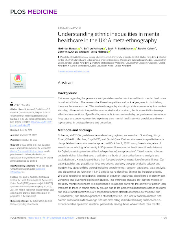 Understanding ethnic inequalities in mental healthcare in the UK: A meta-ethnography. Thumbnail
