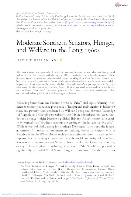 Moderate Southern Senators, Hunger, and Welfare in the Long 1960s Thumbnail