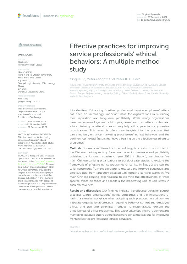 Effective practices for improving service professionals' ethical behaviors: A multiple method study. Thumbnail