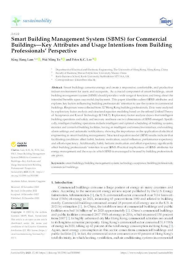 Smart Building Management System (SBMS) for Commercial Buildings—Key Attributes and Usage Intentions from Building Professionals’ Perspective Thumbnail