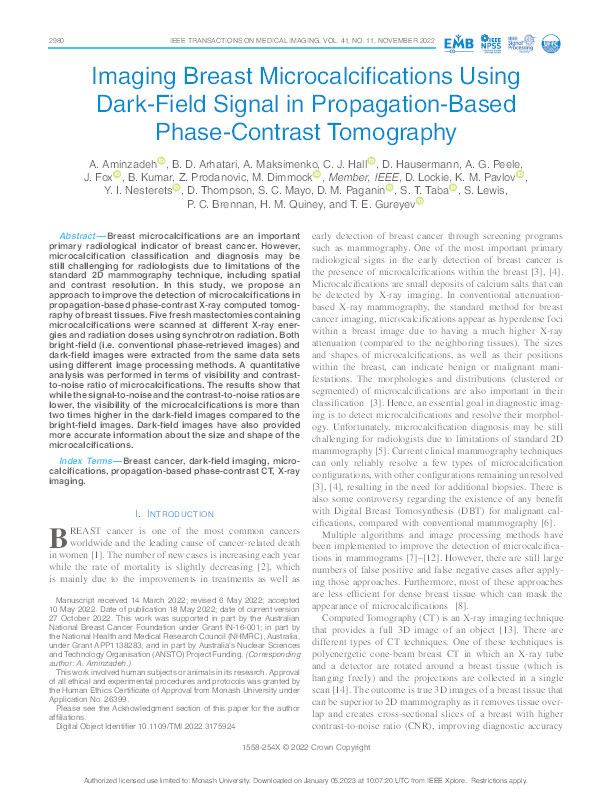 Imaging Breast Microcalcifications Using Dark-Field Signal in Propagation-Based Phase-Contrast Tomography. Thumbnail