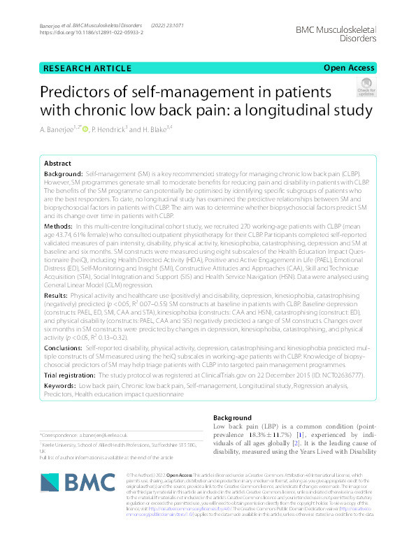 Predictors of self-management in patients with chronic low back pain: a longitudinal study. Thumbnail