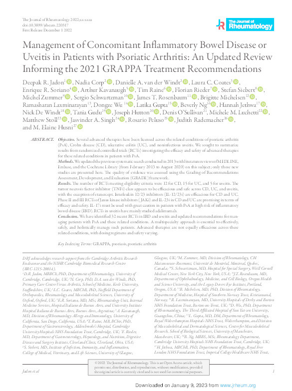 Management of Concomitant Inflammatory Bowel Disease or Uveitis in Patients With Psoriatic Arthritis: An Updated Review Informing the 2021 GRAPPA Treatment Recommendations Thumbnail