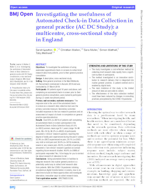 Investigating the usefulness of Automated Check-in Data Collection in general practice (AC DC Study): a multicentre, cross-sectional study in England. Thumbnail