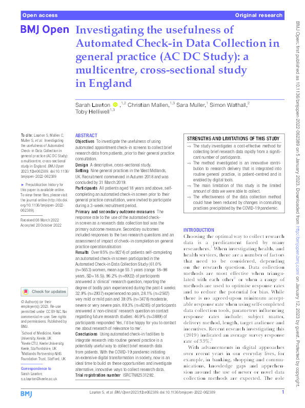 Investigating the usefulness of Automated Check-in Data Collection in general practice (AC DC Study): a multicentre, cross-sectional study in England. Thumbnail