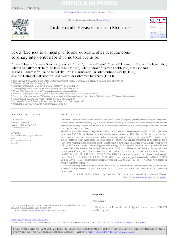 Sex differences in clinical profile and outcome after percutaneous coronary intervention for chronic total occlusion. Thumbnail