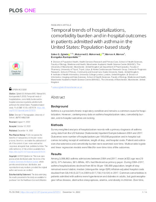 Temporal trends of hospitalizations, comorbidity burden and in-hospital outcomes in patients admitted with asthma in the United States: Population-based study. Thumbnail