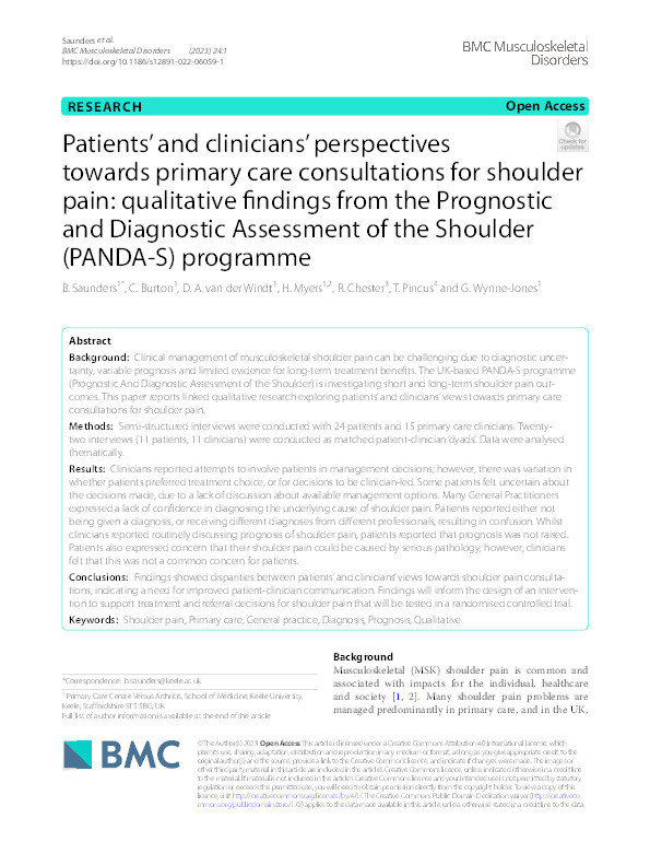 Patients' and clinicians' perspectives towards primary care consultations for shoulder pain: qualitative findings from the Prognostic and Diagnostic Assessment of the Shoulder (PANDA-S) programme. Thumbnail