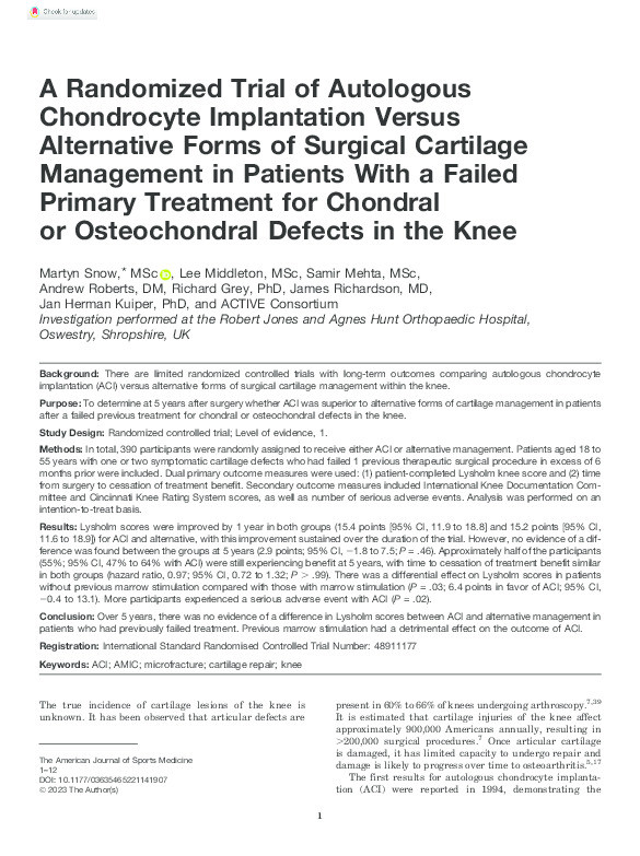 A Randomized Trial of Autologous Chondrocyte Implantation Versus Alternative Forms of Surgical Cartilage Management in Patients With a Failed Primary Treatment for Chondral or Osteochondral Defects in the Knee Thumbnail
